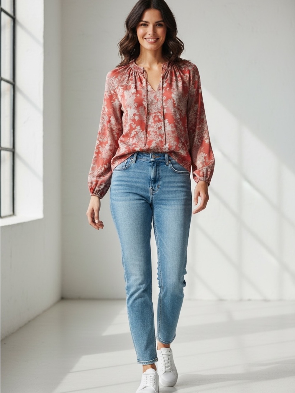 Evereve Coral Red Floral V-Neck Long-Sleeve Blouse